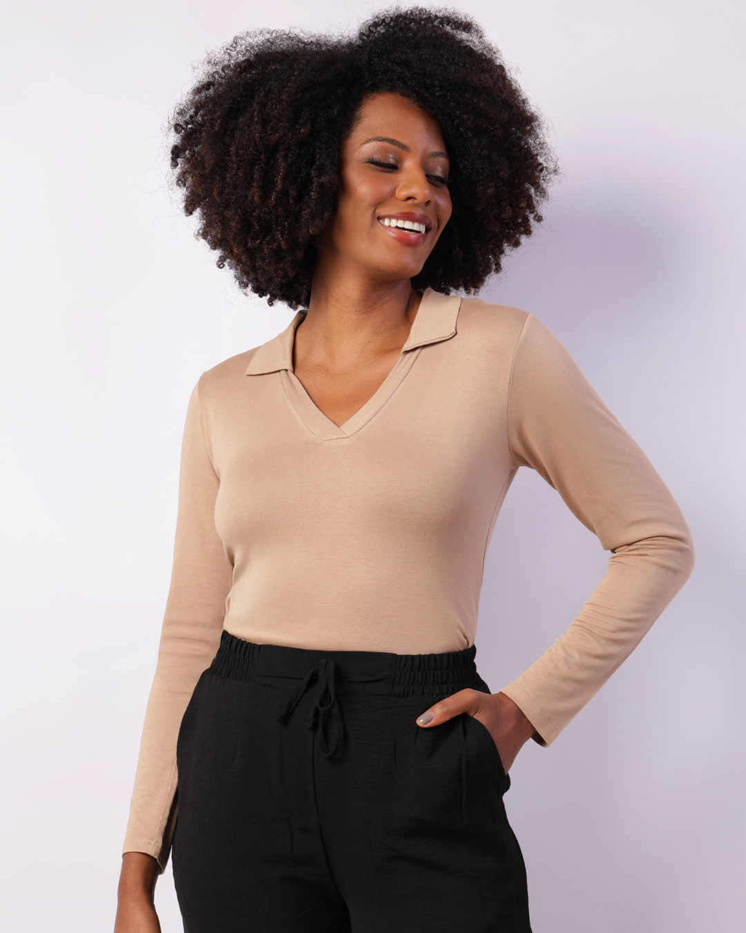 Blusa Polo Feminina Manga Longa Bege