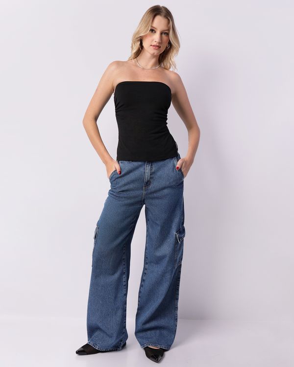 Calça Jeans Feminina Wide Leg Bolsos Cargo Azul 36
