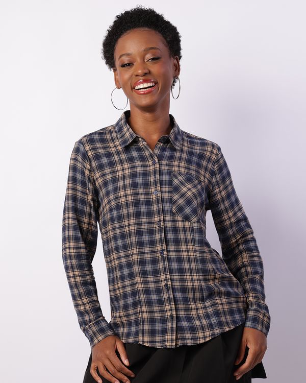 Camisa Feminina Viscose Berry & Co. Manga Longa Xadrez Bege GG