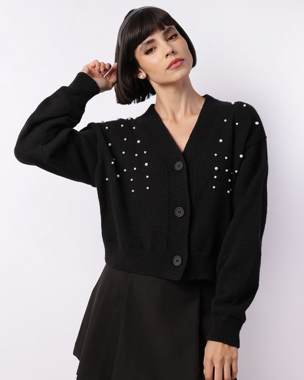 Cardigan Feminino Tricô Aplicação Frontal Preto P