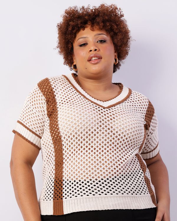 Blusa Plus Size Feminina Tricô Decote V Manga Curta Bege G3