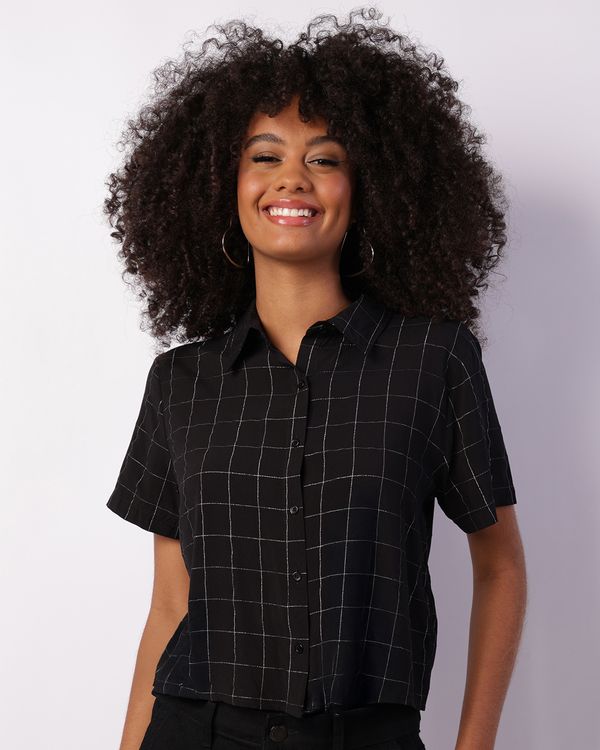 Camisa Feminina Cropped Berry & Co. Manga Curta Xadrez Preta G