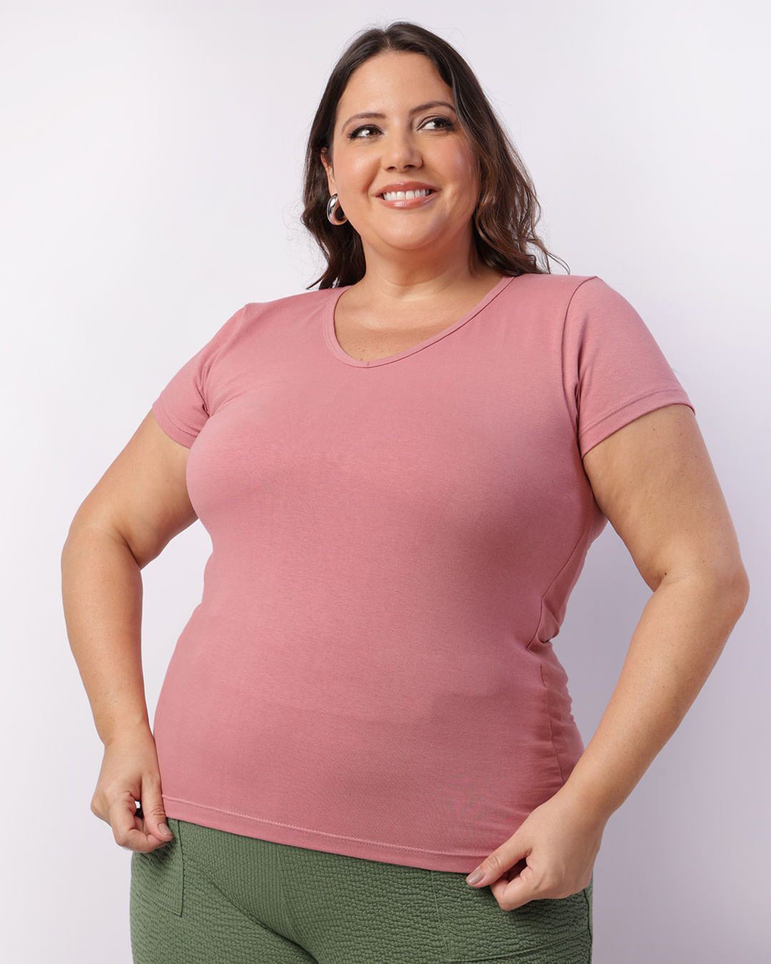 Blusa Plus Size Feminina Manga Curta Básica Rosa-1746459267929