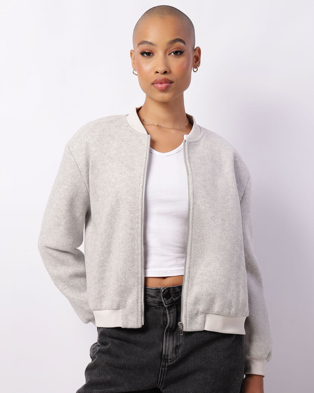 Jaqueta Feminina Bomber Lã Batida Com Bolsos Zíper Cinza
