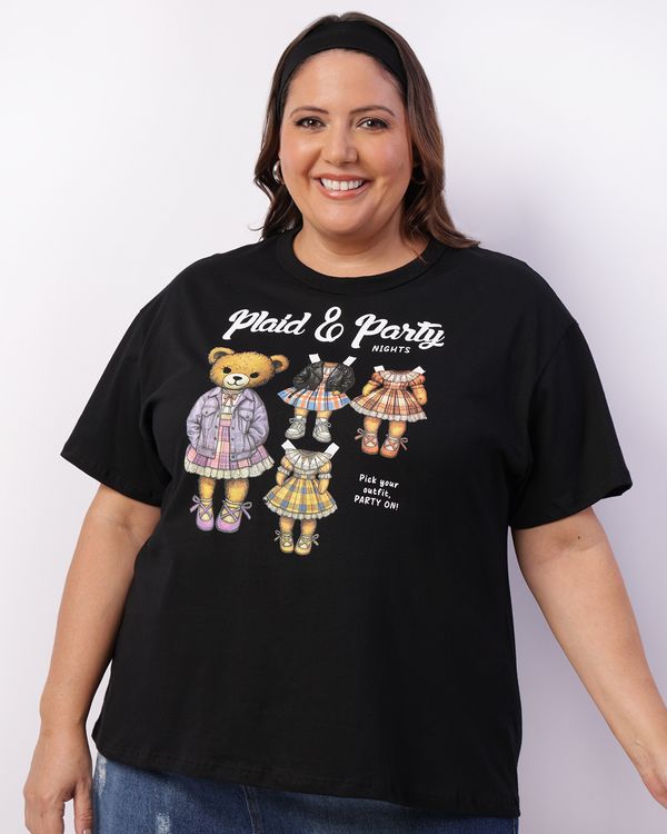 Camiseta Plus Size Feminina Estampa Frontal Manga Curta Preta G2