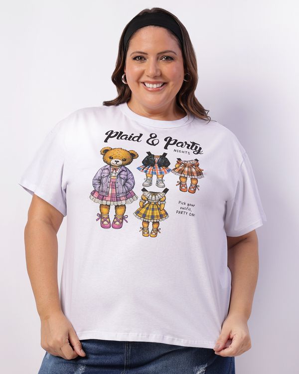 Camiseta Plus Size Feminina Estampa Frontal Manga Curta Branca G1