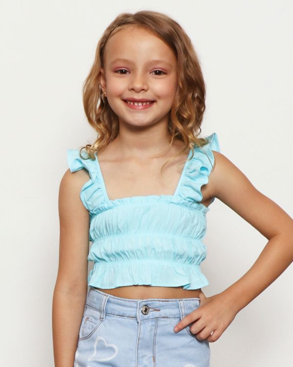 Regata Infantil Cropped Lastex Alça Com Babado Azul 8