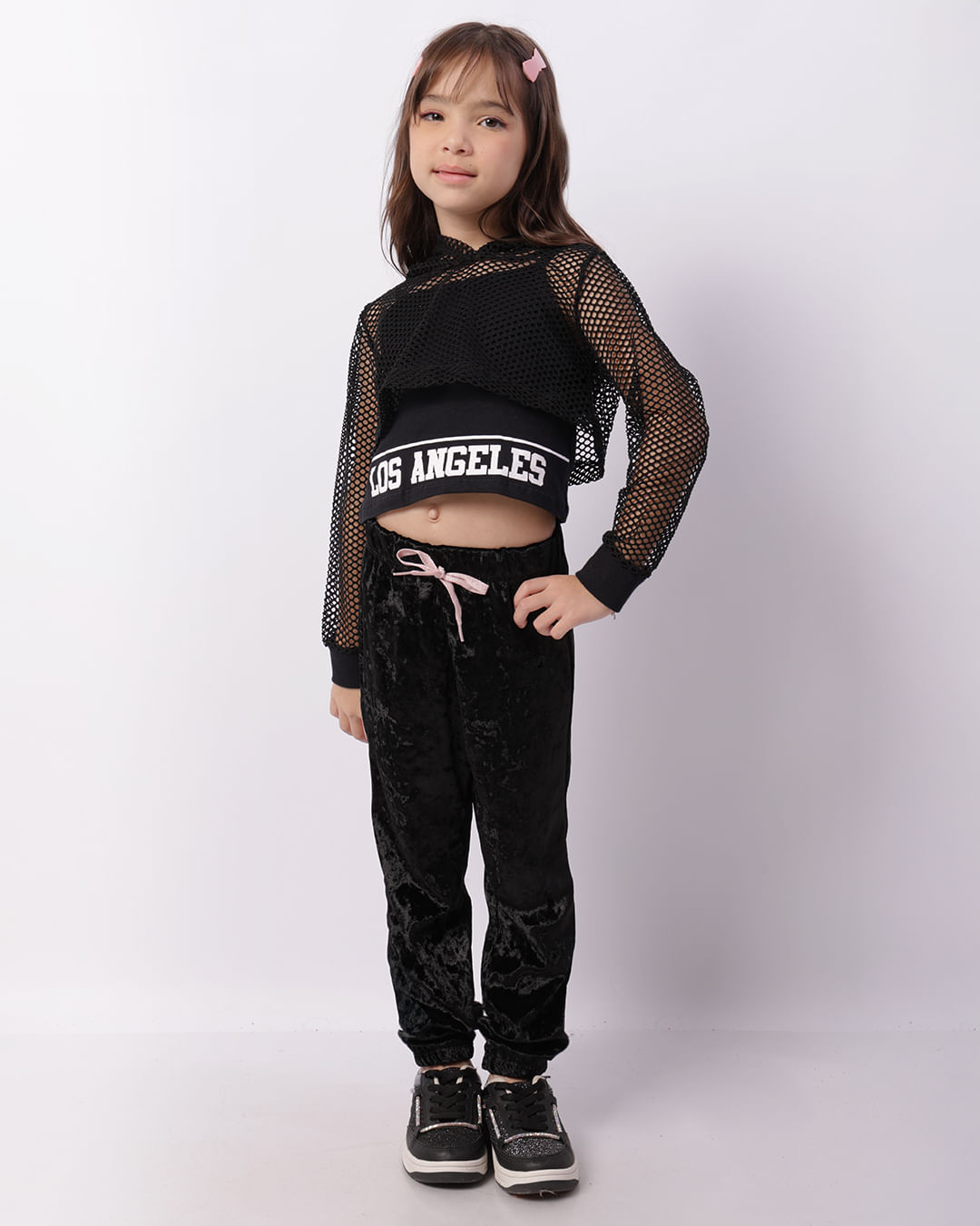 Blusa Infantil Cropped Sobreposição Telada Com Capuz Preta-1746702262699
