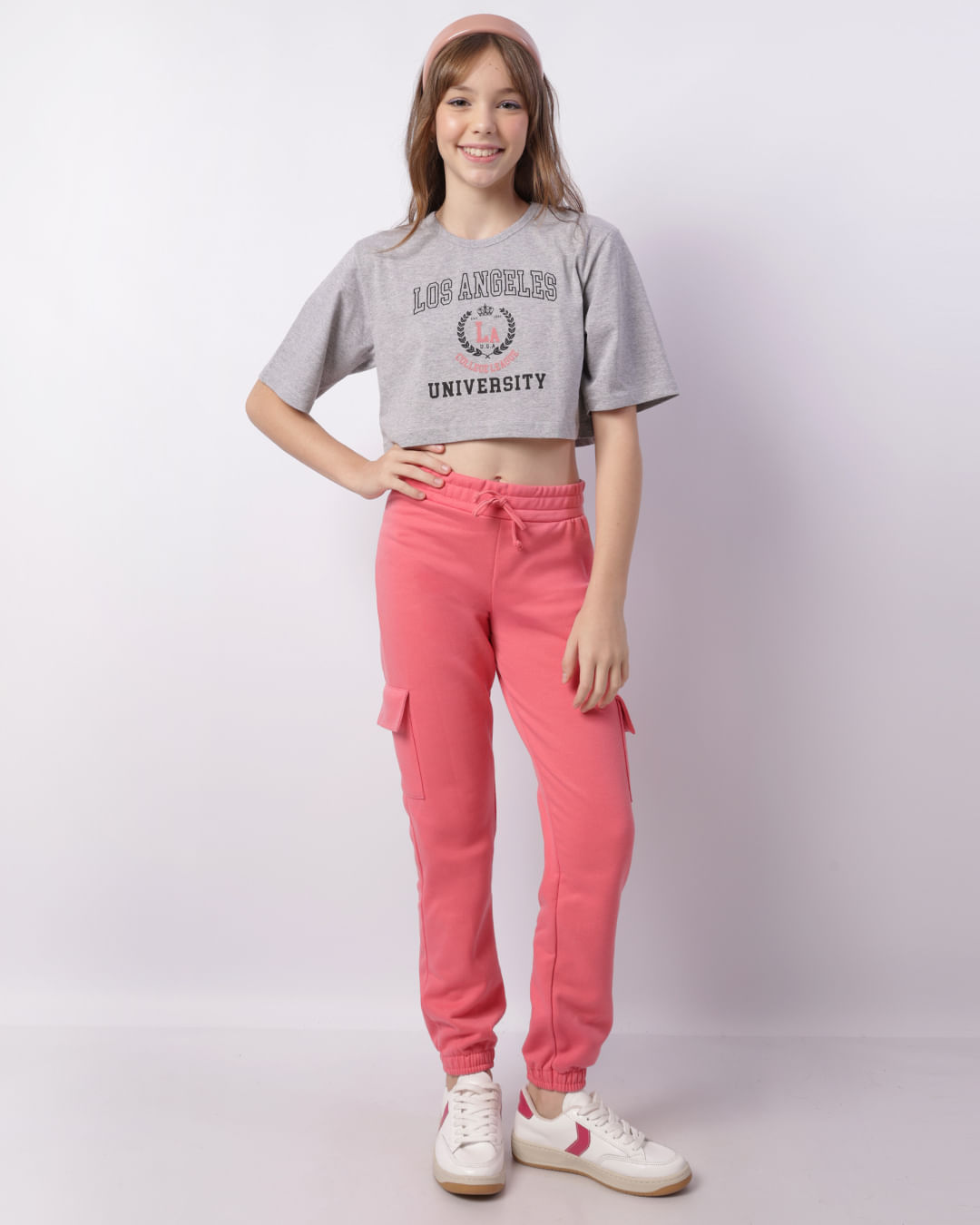Calça Moletom Juvenil Jogger Bolso Cargo Rosa-1746719025903