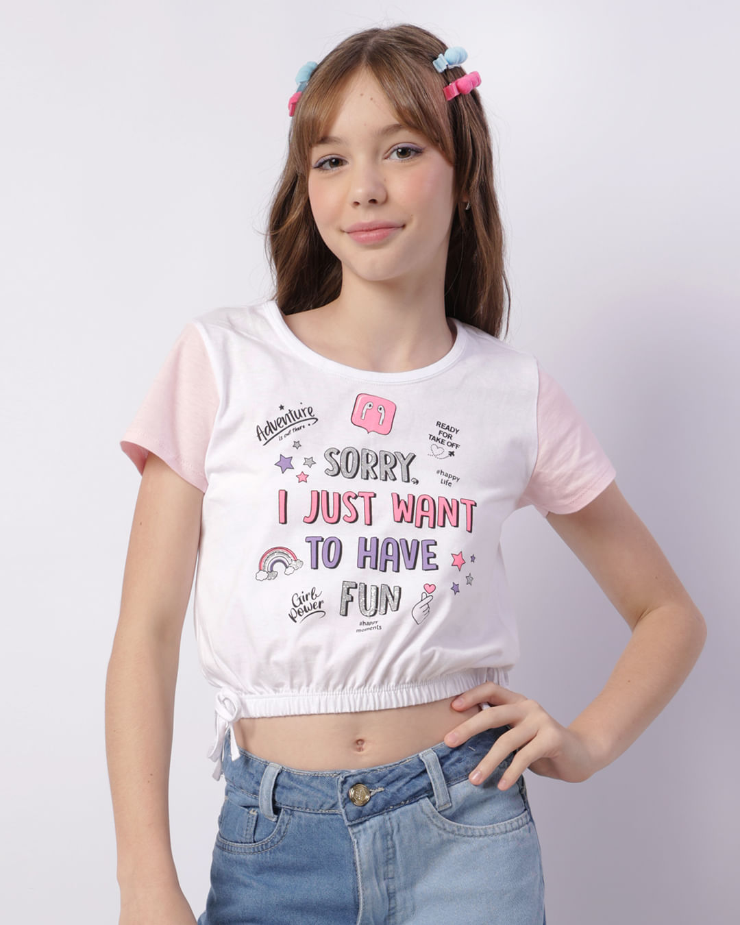 Blusa Juvenil Cropped Estampa Elástico Na Barra Branca-1746721135296