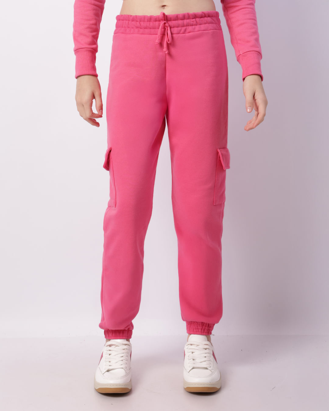 Calça Moletom Juvenil Jogger Bolso Cargo Rosa Escuro-1746721495379