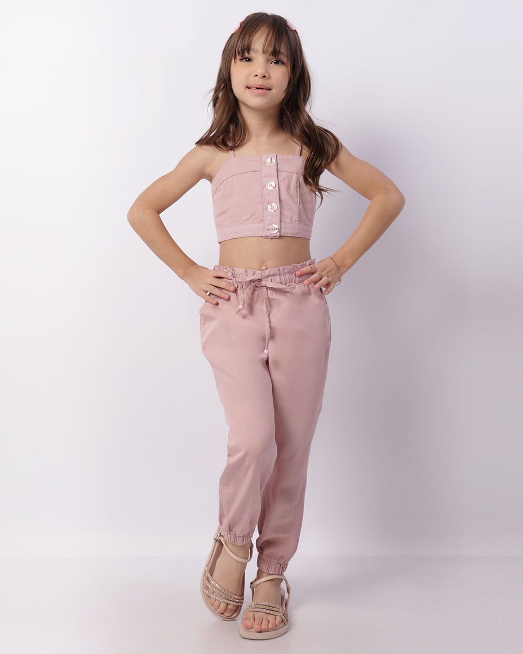 Calça Sarja Infantil Jogger Com Bolso Rosa-1746791378882