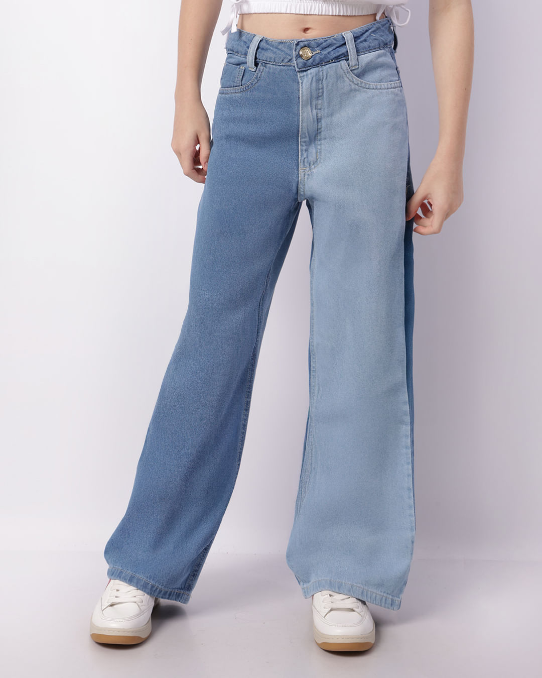 Calça Jeans Juvenil Wide Leg Bicolor Com Bolsos Azul-1746805355186