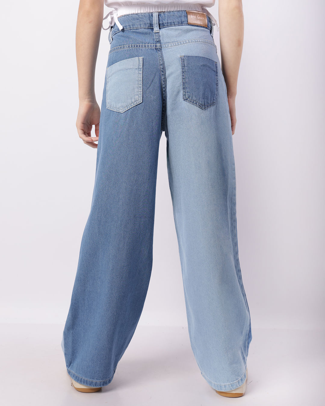 Calça Jeans Juvenil Wide Leg Bicolor Com Bolsos Azul-1746805360218