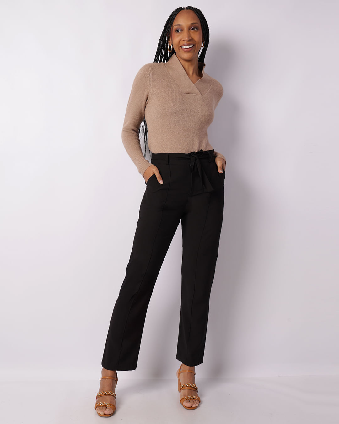 Blusa Feminina Tricô Donatta Gola V Bege-1747137640257
