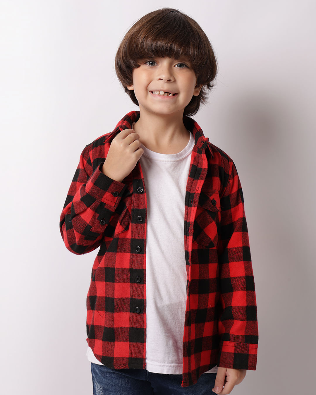 Camisa Infantil Xadrez Manga Longa Flanelada Vermelha-1747324055545