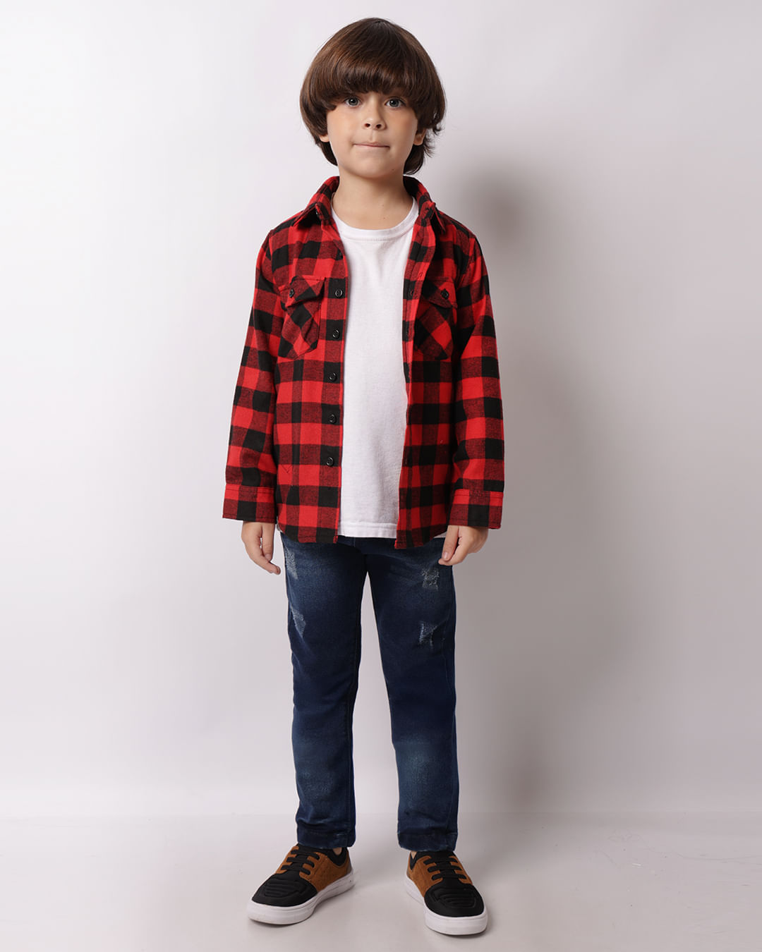 Camisa Infantil Xadrez Manga Longa Flanelada Vermelha-1747324062994