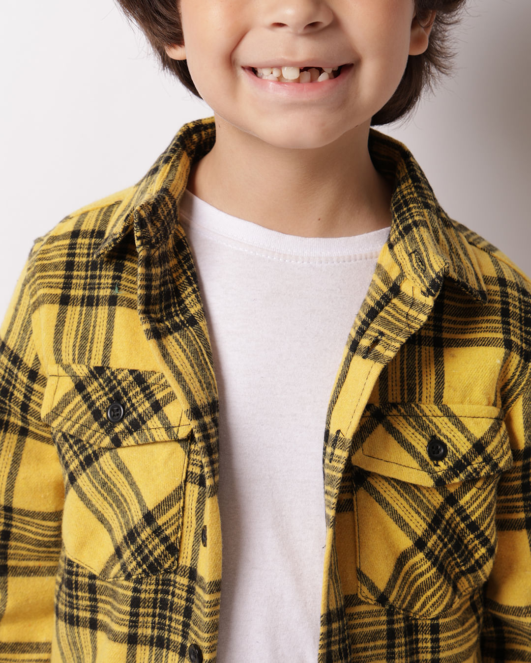 Camisa Infantil Xadrez Manga Longa Flanelada Amarela-1747324166067