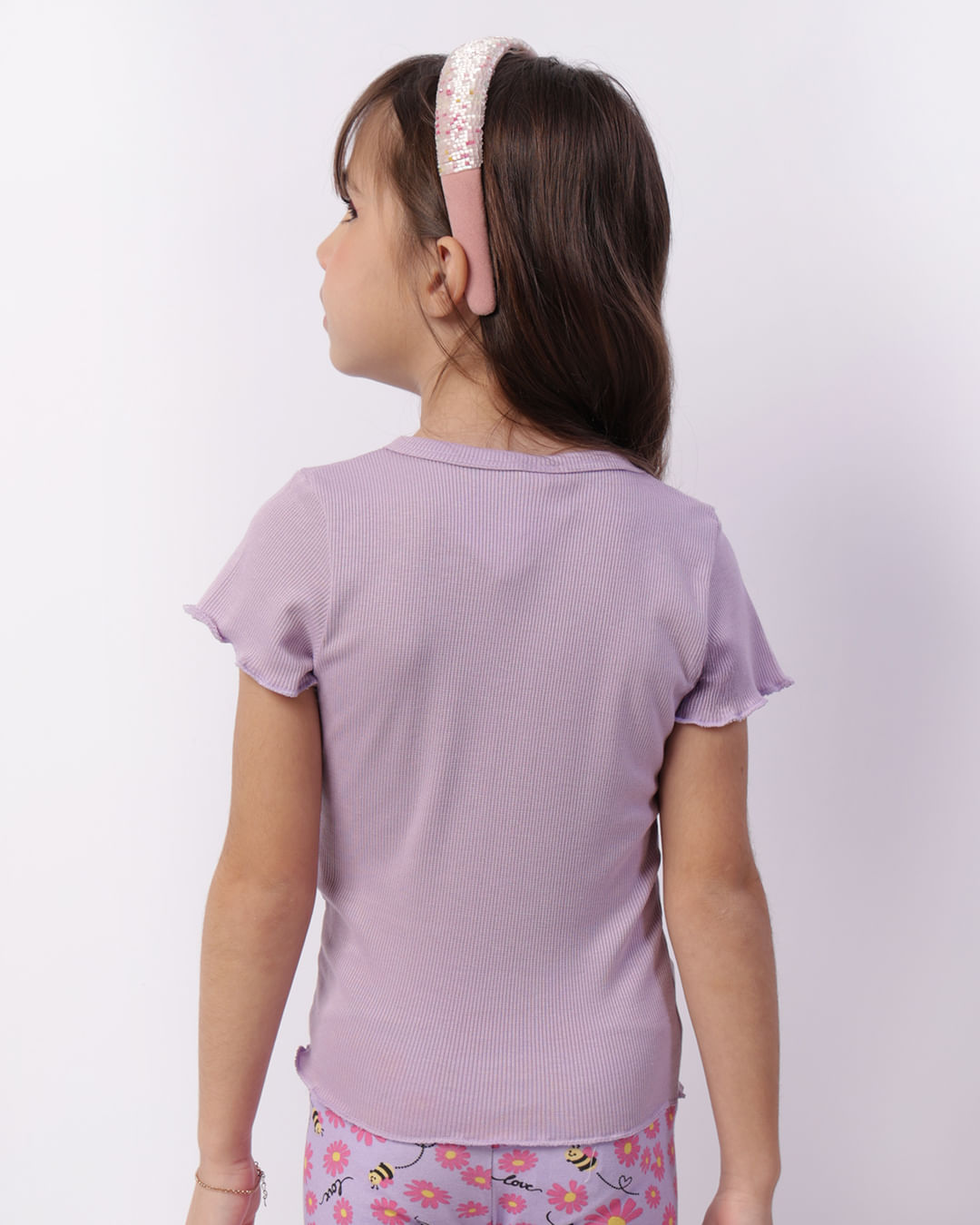 Blusa Infantil Manga Curta Canelada Frufru Lilás-1747326274356