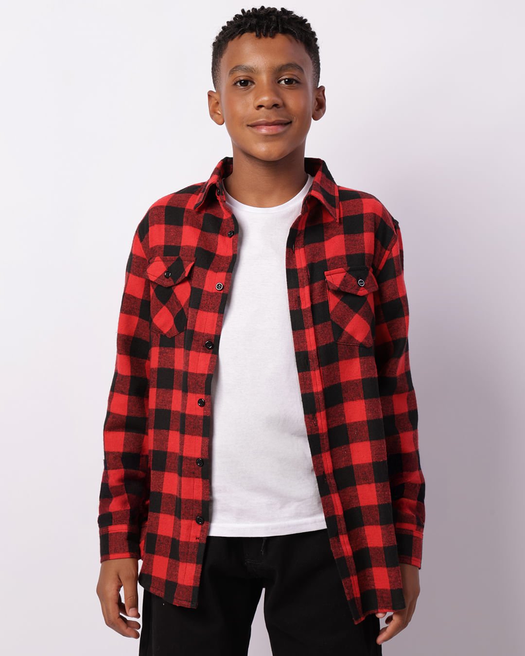 Camisa Juvenil Flanelada Com Bolsos Xadrez Vermelha-1747350249765