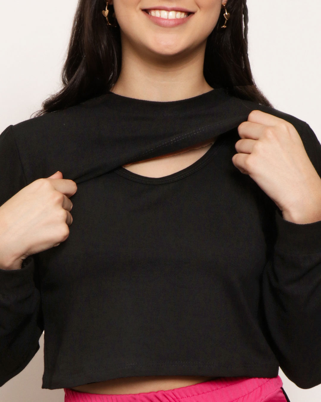 Blusa Juvenil Manga Longa Com Sobreposição Preta-1747350689991