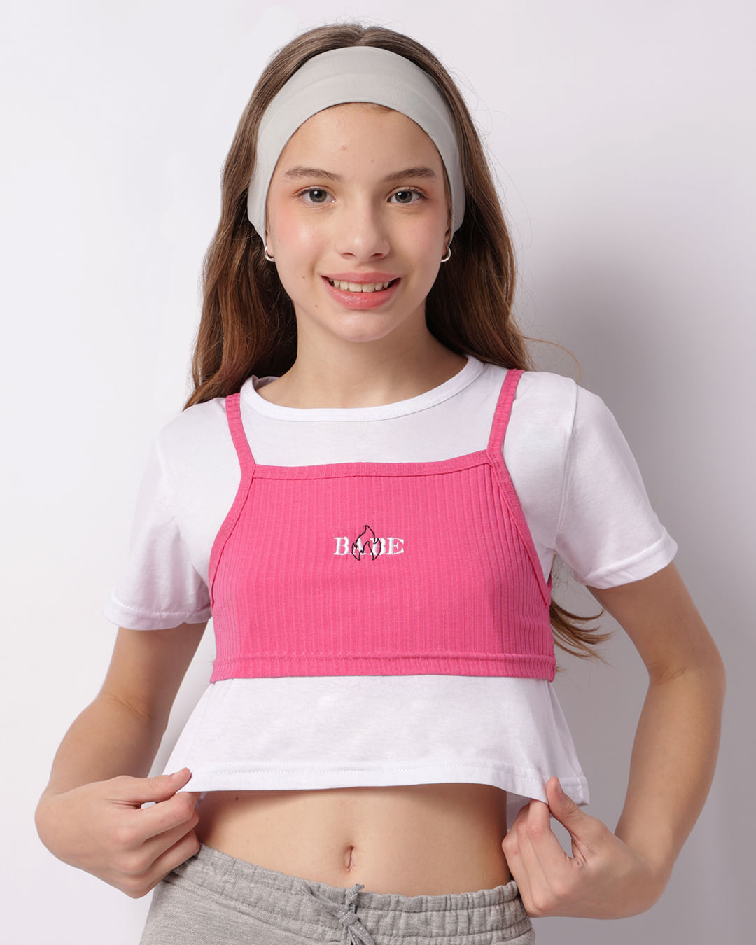 Blusa Juvenil Cropped Com Sobreposição Bordado Rosa-1747393052140