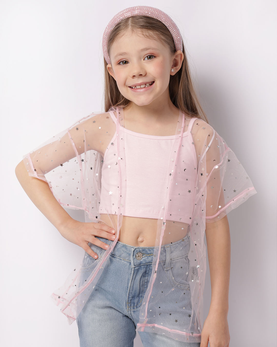 Kimono Infantil Tule Estrelas + Blusa Rosa-1747399017226