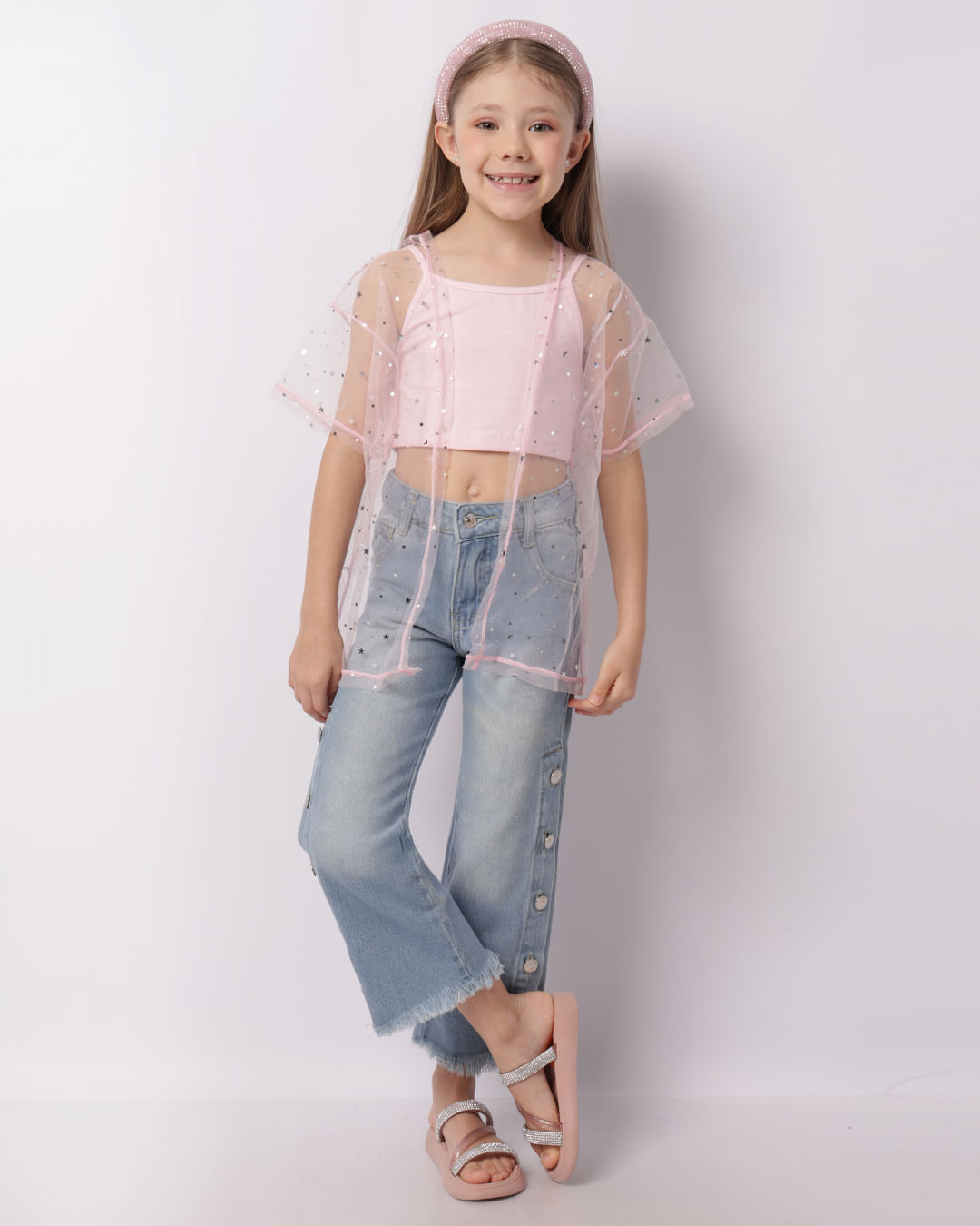 Kimono Infantil Tule Estrelas + Blusa Rosa-1747399169675