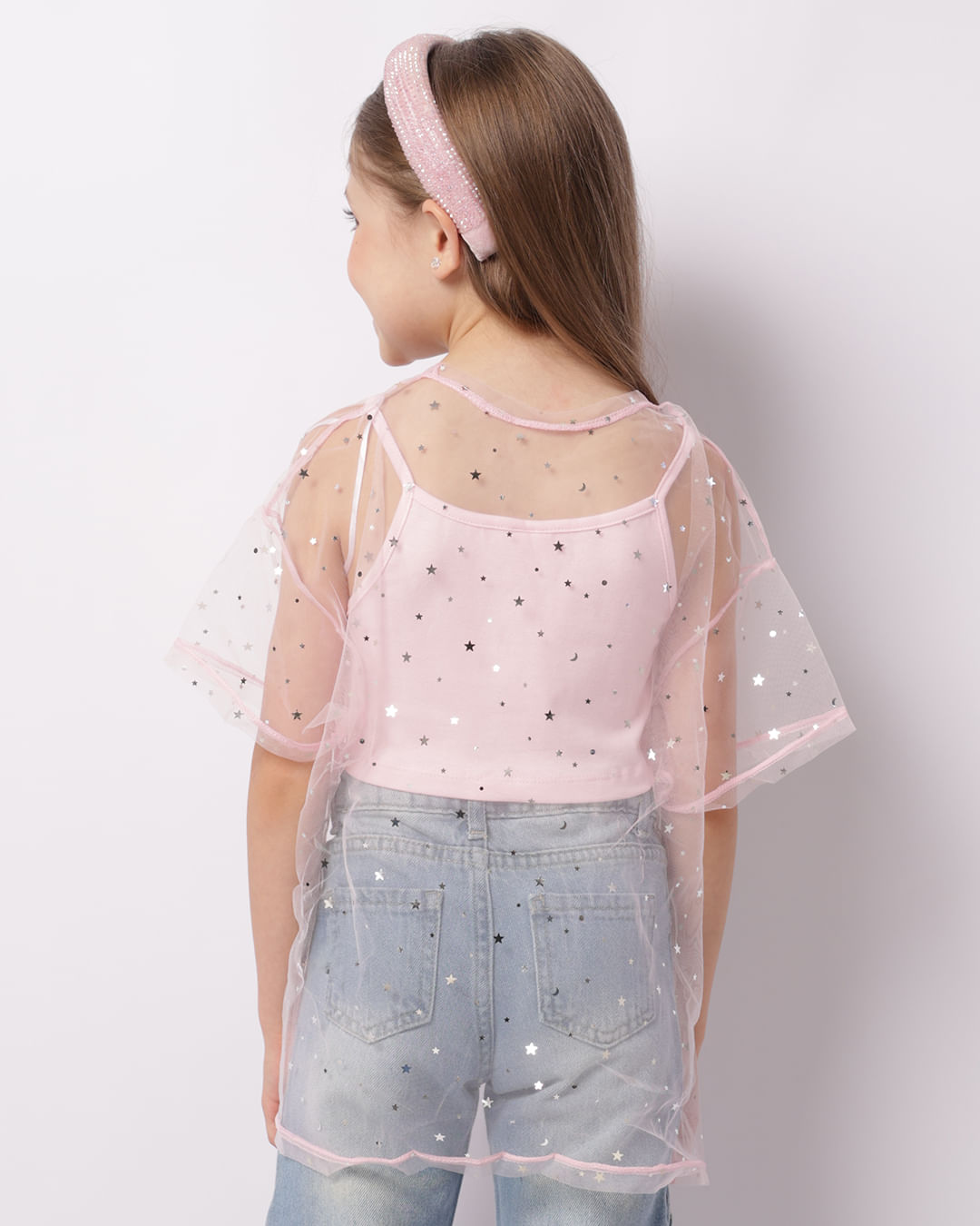 Kimono Infantil Tule Estrelas + Blusa Rosa-1747399173779