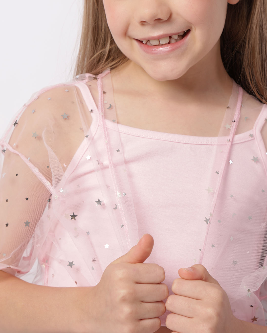Kimono Infantil Tule Estrelas + Blusa Rosa-1747399177595