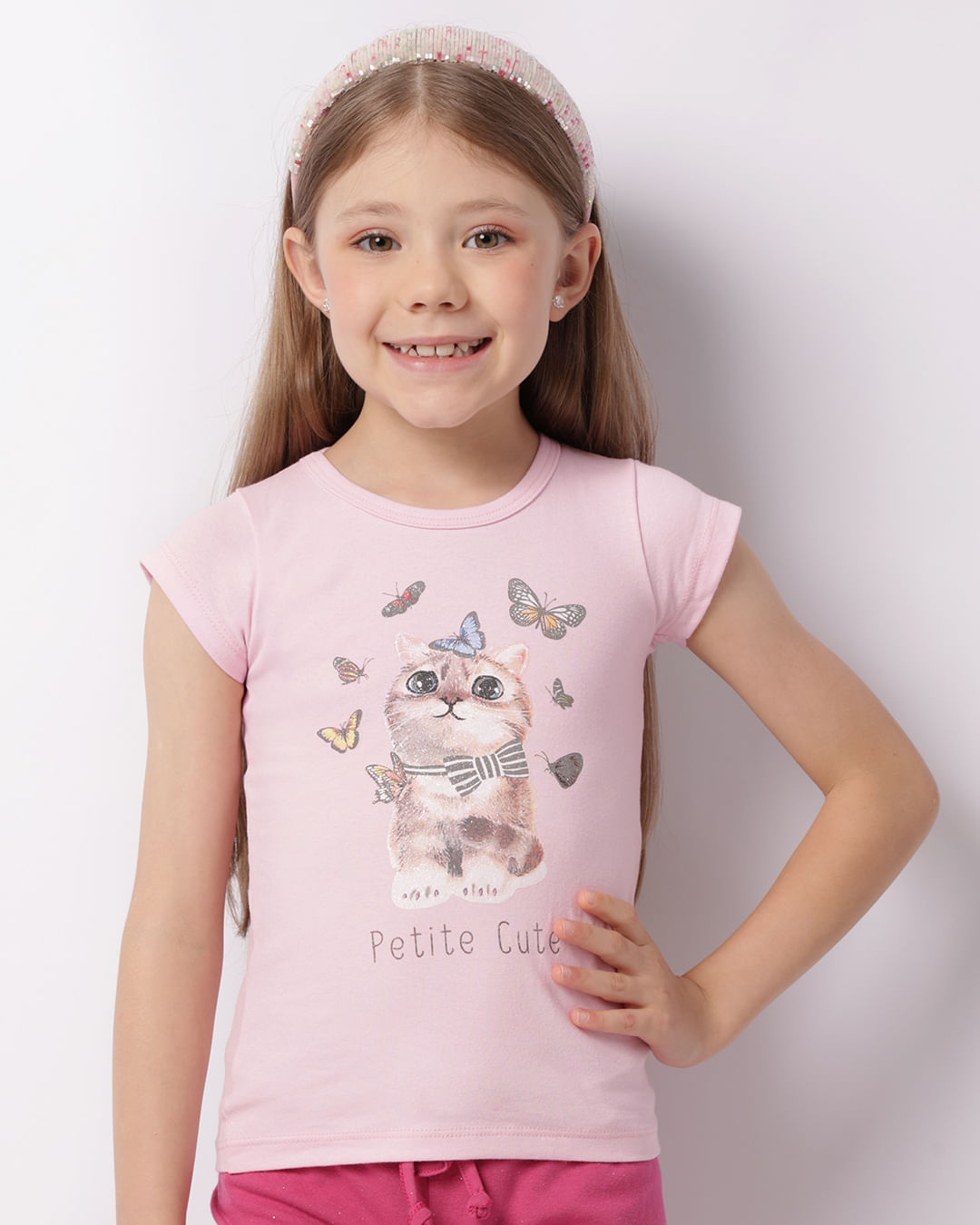 Blusa Infantil Manga Curta Estampa Gatinho Rosa-1747399370661