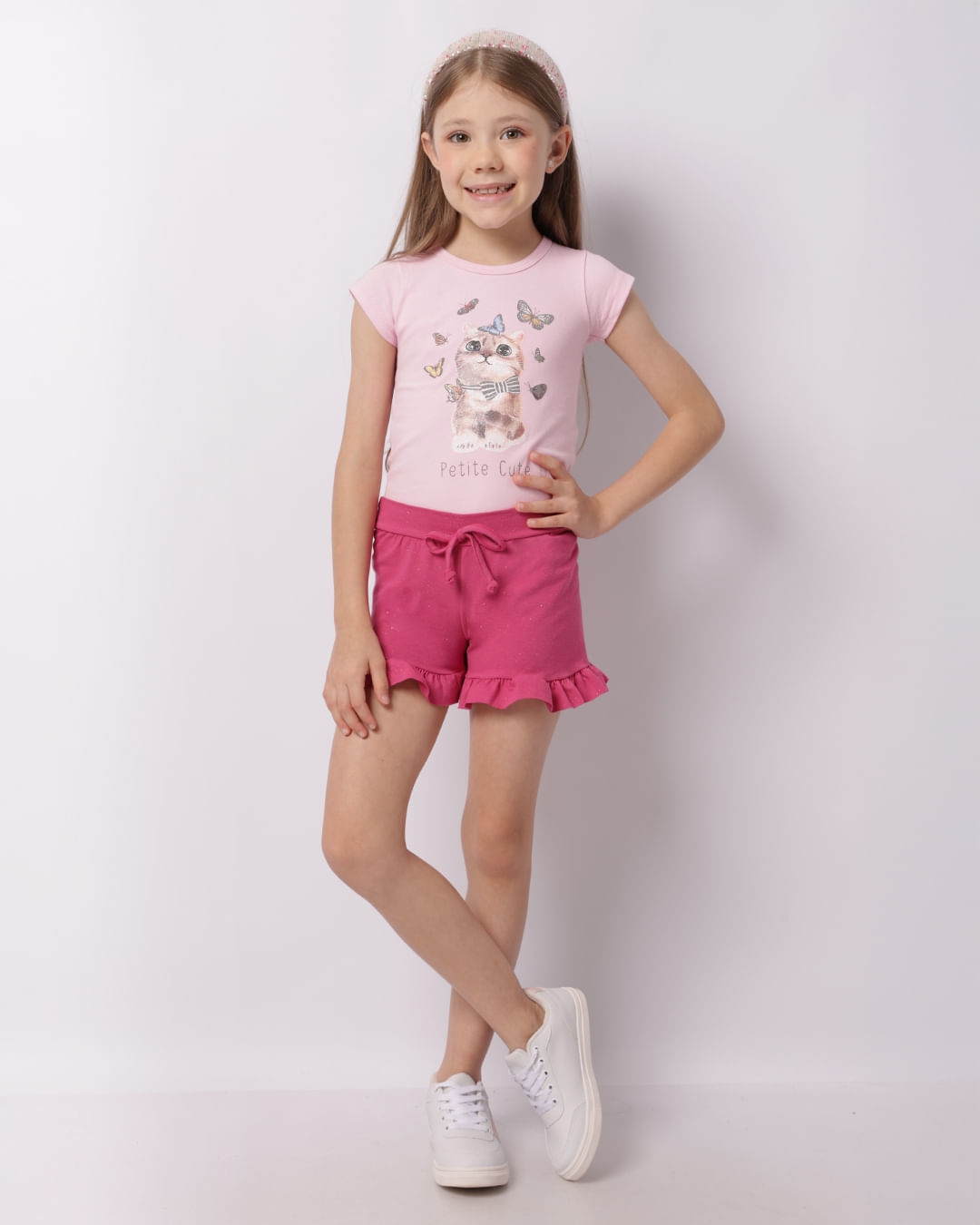 Blusa Infantil Manga Curta Estampa Gatinho Rosa-1747399387364