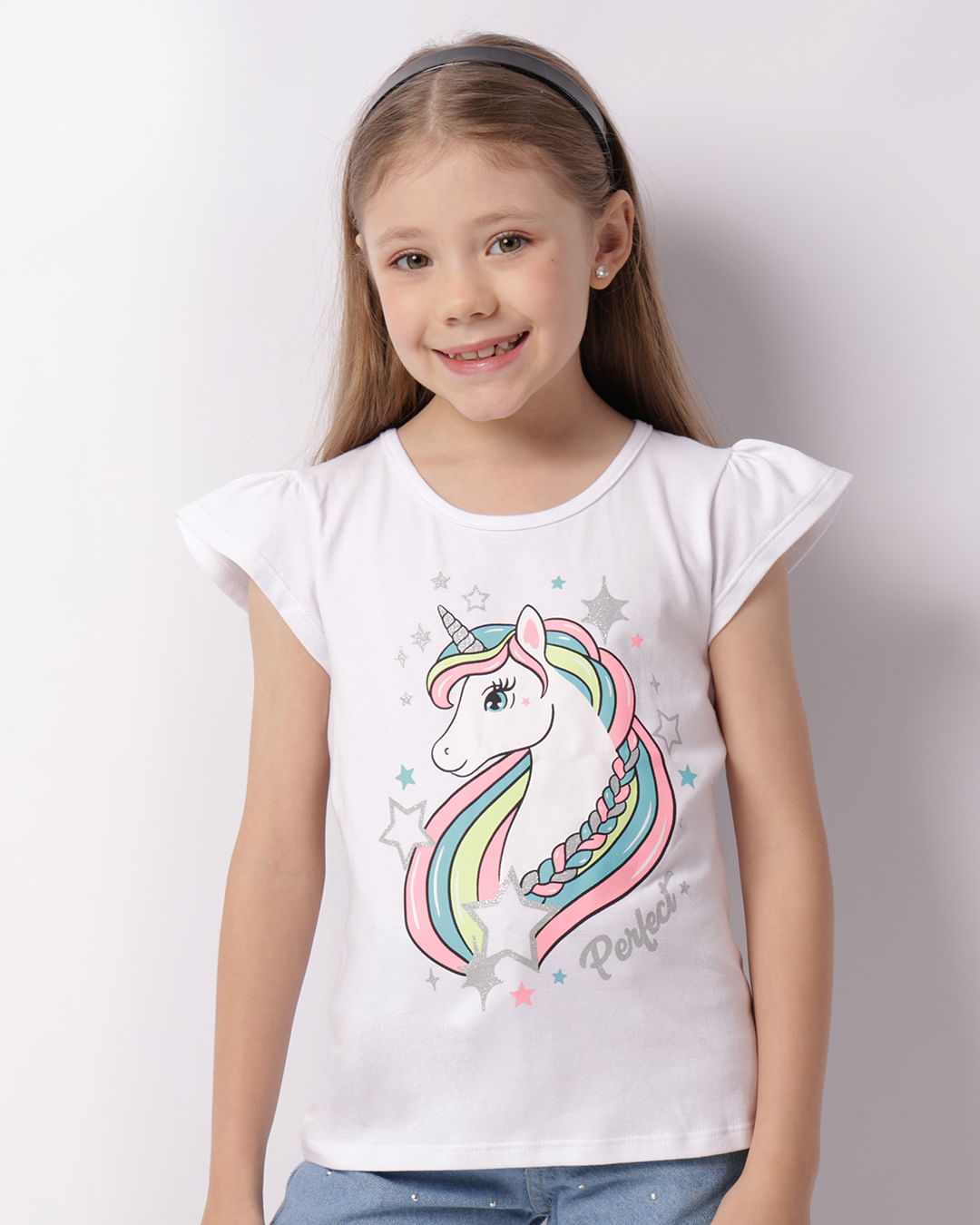 Blusa Infantil Manga Curta Unicórnio + Brinde Adesivo Branca-1747400404530