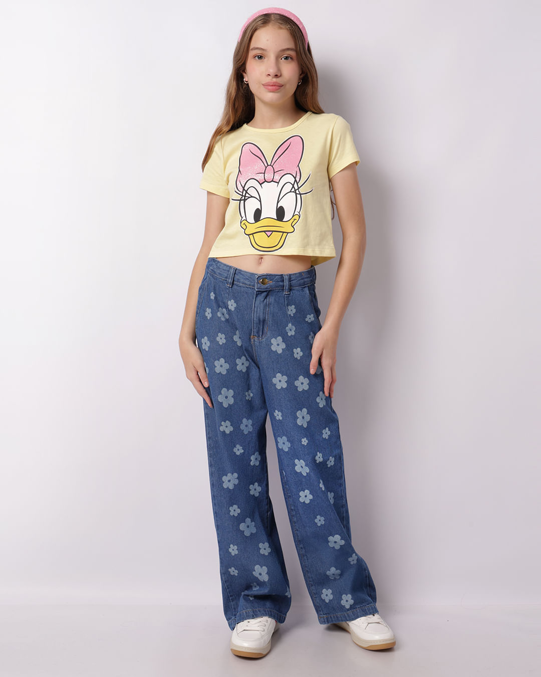 Calça Jeans Juvenil Wide Leg Estampa Floral Azul -1747666847681