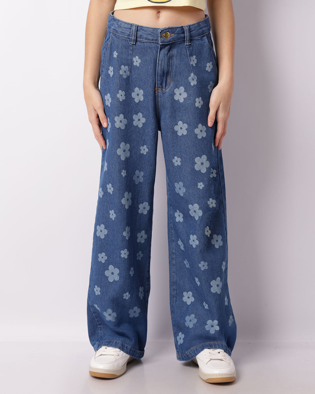 Calça Jeans Juvenil Wide Leg Estampa Floral Azul -1747666863606