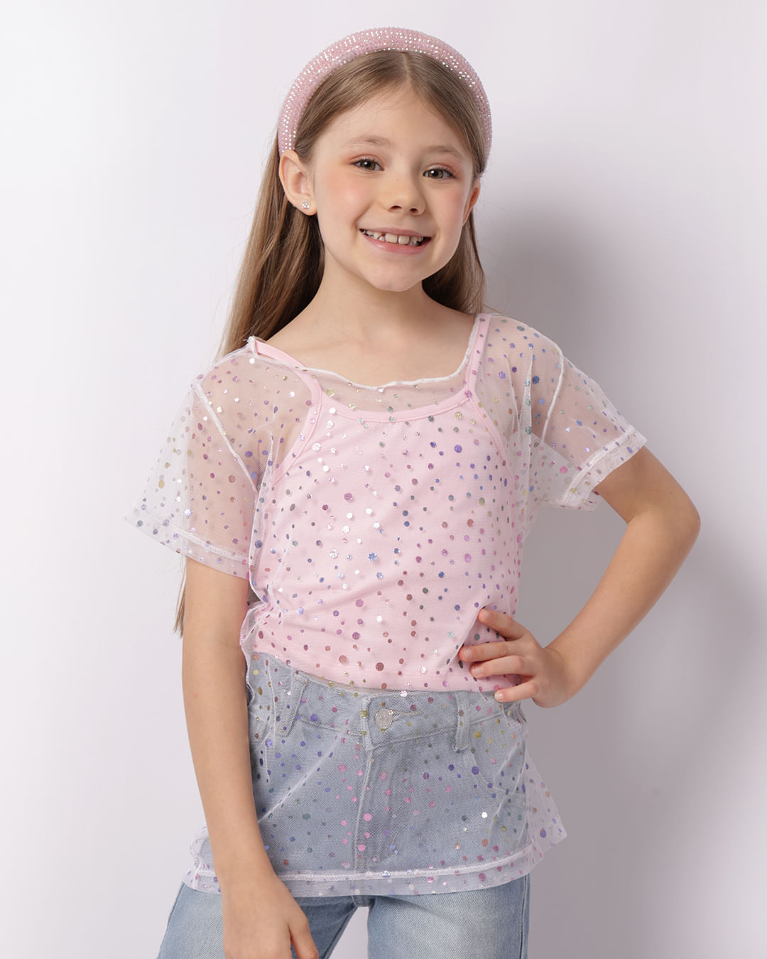 Regata Infantil Cropped Sobreposição Tule Rosa-1747753131251