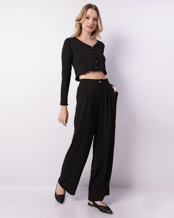 Calça Feminina Wide Leg Crepe Com Pregas Preta P