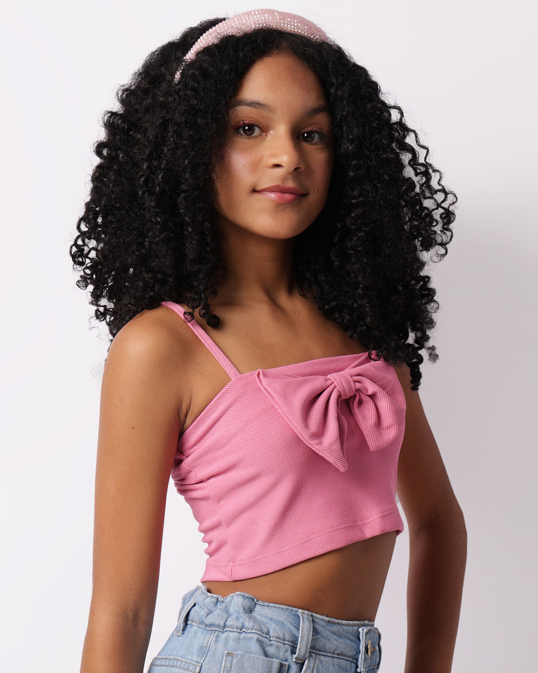 Regata Juvenil Cropped Texturizada Laço Frontal Rosa-1748005951122