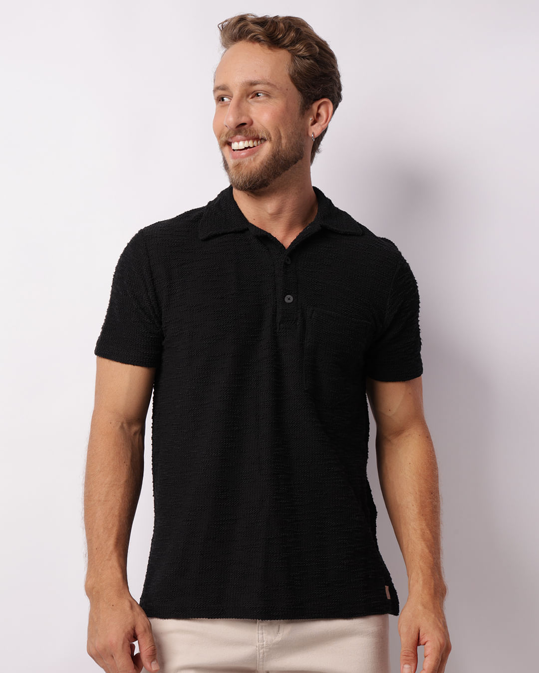 Polo Masculina Texturizada Manga Curta Preta-1748258388141