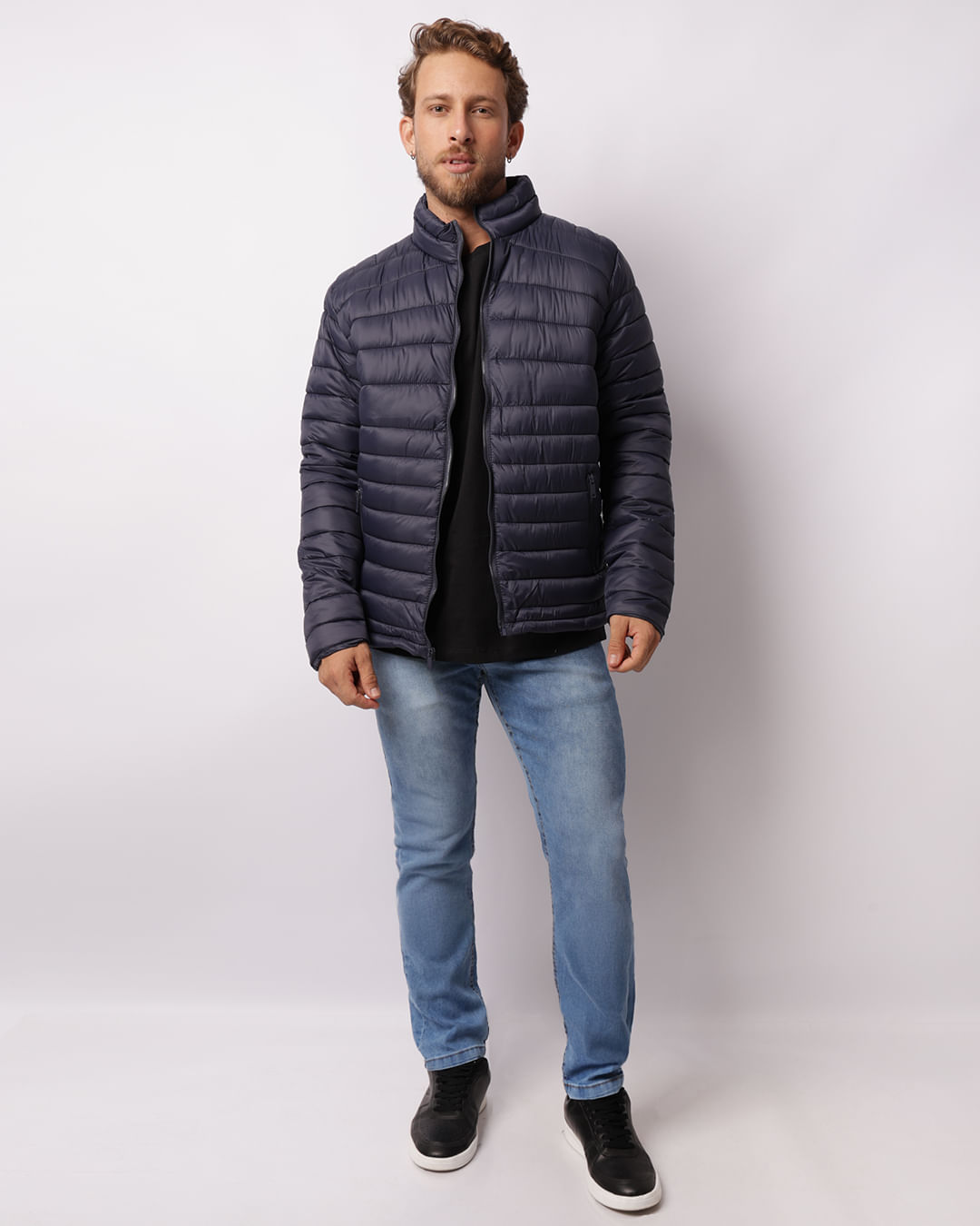 Jaqueta Masculina Puffer Com Bolsos Zíper Marinho -1748266007647