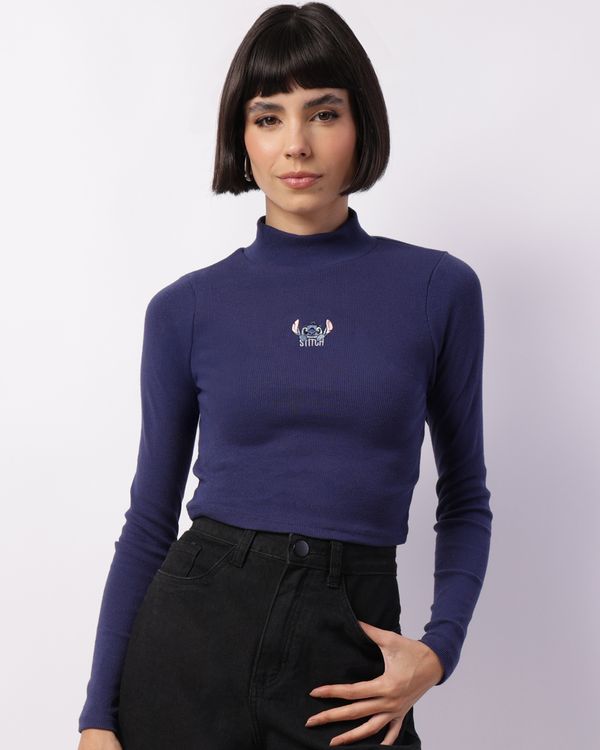 Blusa Feminina Disney Estampa Stitch Manga Longa Marinho P