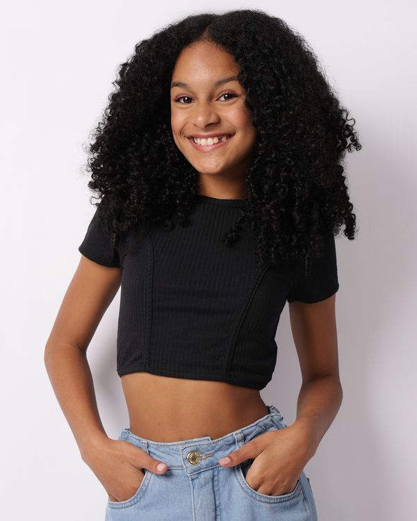 Blusa Juvenil Cropped Manga Curta Canelada Preta 14