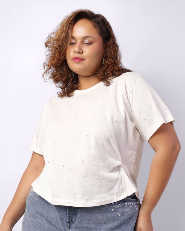 Camiseta Plus Size Feminina Cropped Tachas Nozinho Off White G3