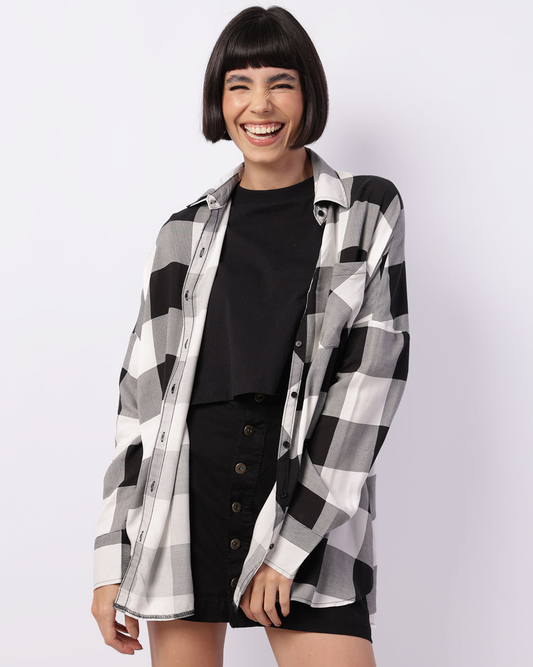 Camisa Feminina Viscose Oversized Xadrez Preta-1749058633168