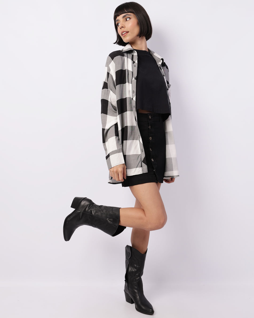 Camisa Feminina Viscose Oversized Xadrez Preta-1749058700159