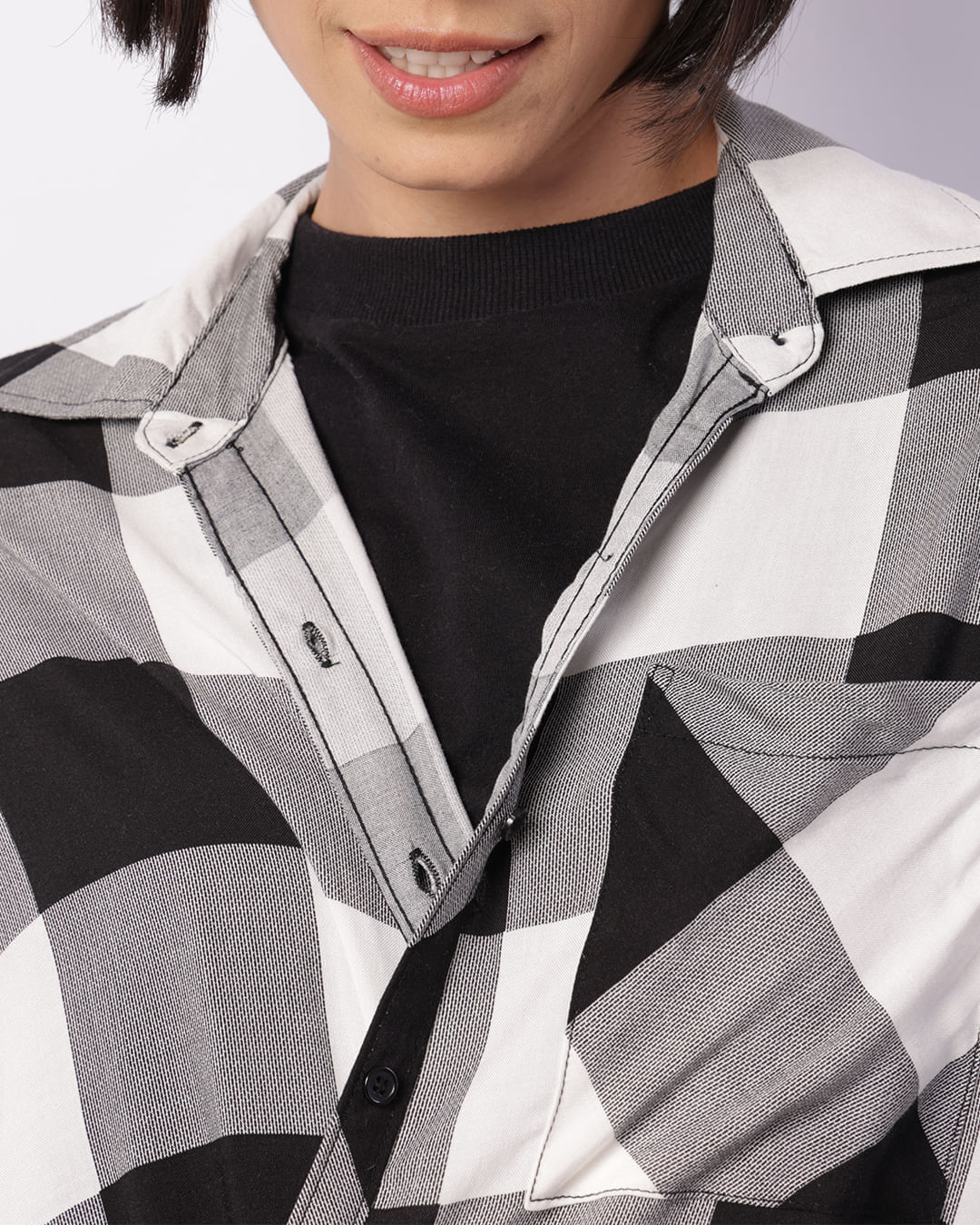 Camisa Feminina Viscose Oversized Xadrez Preta-1749058709663
