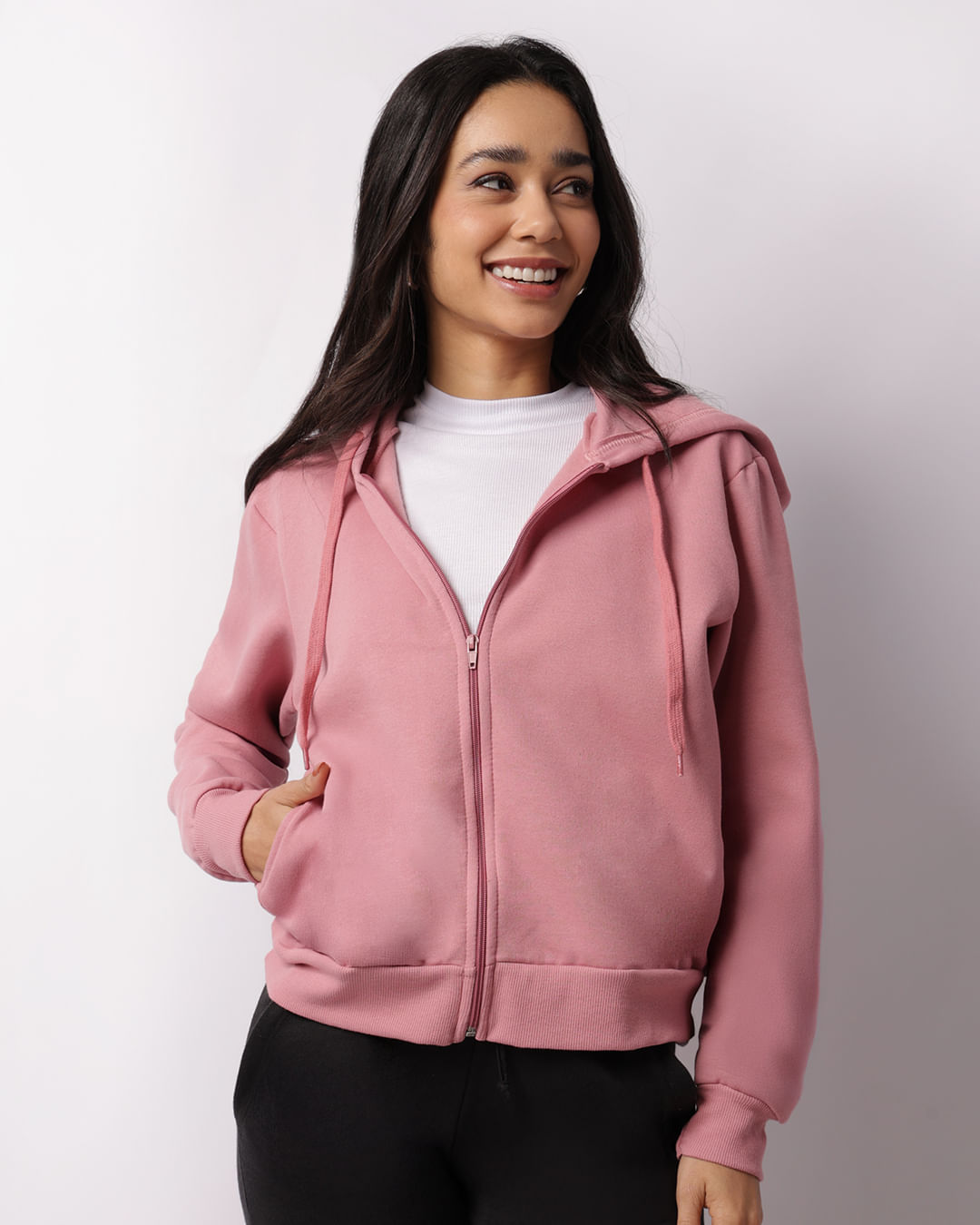 Jaqueta Moletom Feminina Com Capuz E Bolsos Rosa-1749067813242