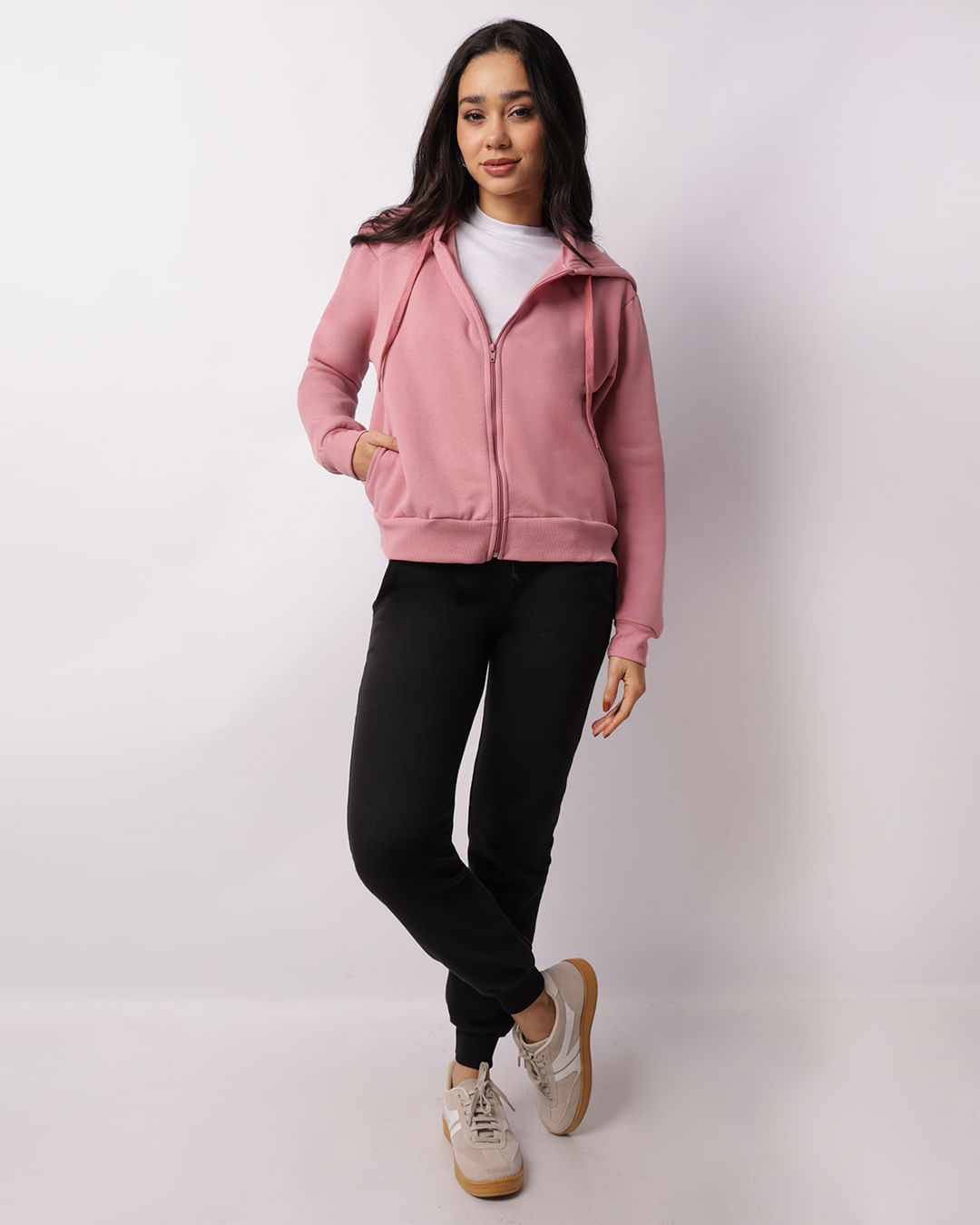 Jaqueta Moletom Feminina Com Capuz E Bolsos Rosa-1749067846401