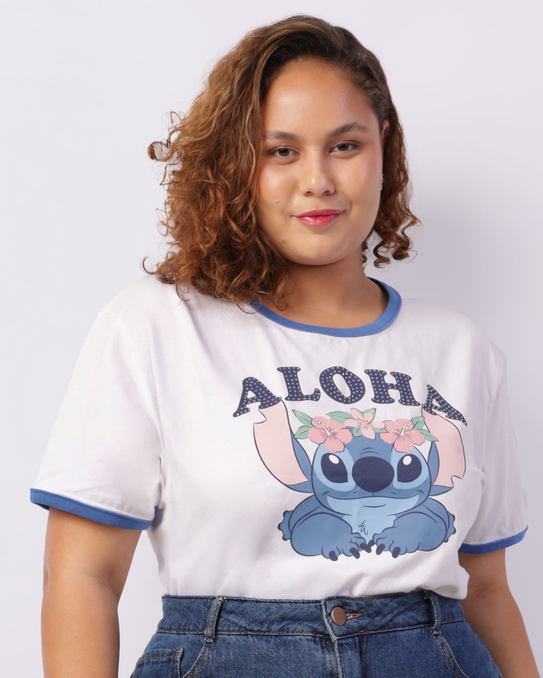 CAMPANHA PERSONAGEM - Camiseta Plus Size Disney Stitch Cropped Branca-1749068574180