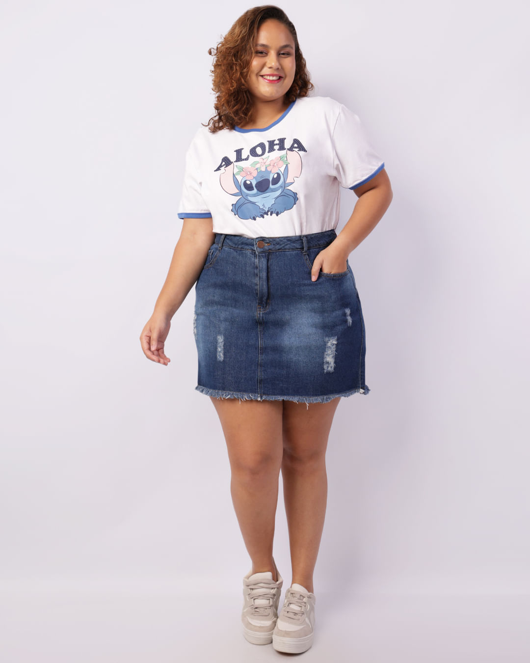 CAMPANHA PERSONAGEM - Camiseta Plus Size Disney Stitch Cropped Branca-1749068614237